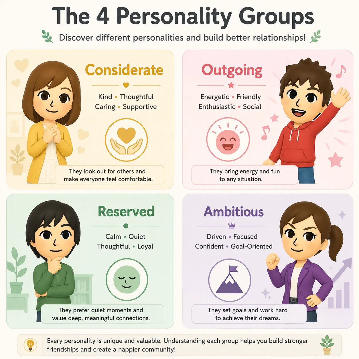 The 4 Tomodachi Life personality groups: Considerate, Outgoing, Reserved, and Ambitious with their key traits